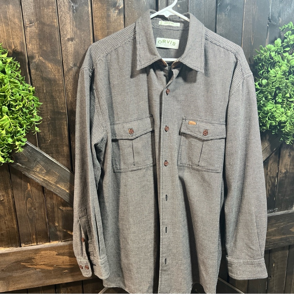 Orvis Button Down Flannel Shirt Men’s Sz Large Houndstooth Long Sleeve Brown
